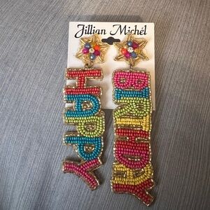 Jillian Michel Embellished Happy Birthday Pierced Earrings, new on package